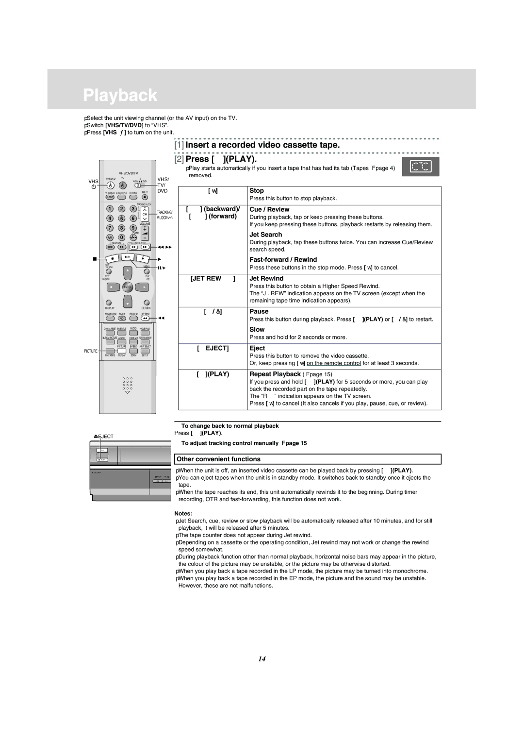 Panasonic NV-VP31 manual Playback, Insert a recorded video cassette tape, Press 1PLAY 