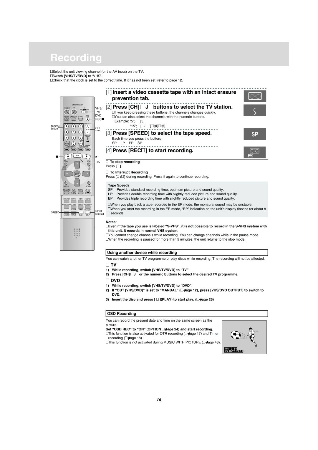 Panasonic NV-VP31 manual Recording, Press CH IJ buttons to select the TV station, Press Speed to select the tape speed, Dvd 