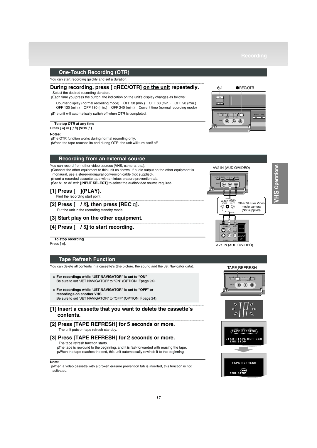 Panasonic NV-VP31 manual One-Touch Recording OTR, Recording from an external source, Tape Refresh Function 