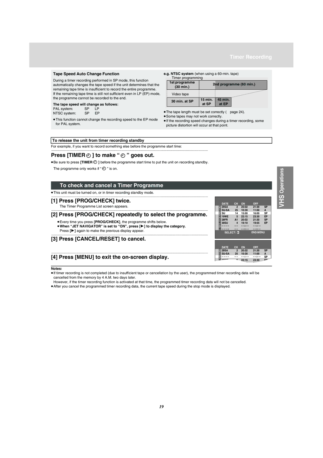 Panasonic NV-VP31 manual Timer Recording, To check and cancel a Timer Programme 