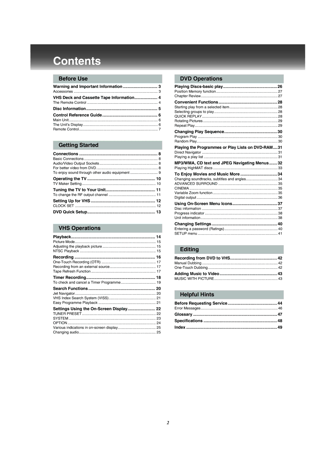 Panasonic NV-VP31 manual Contents 