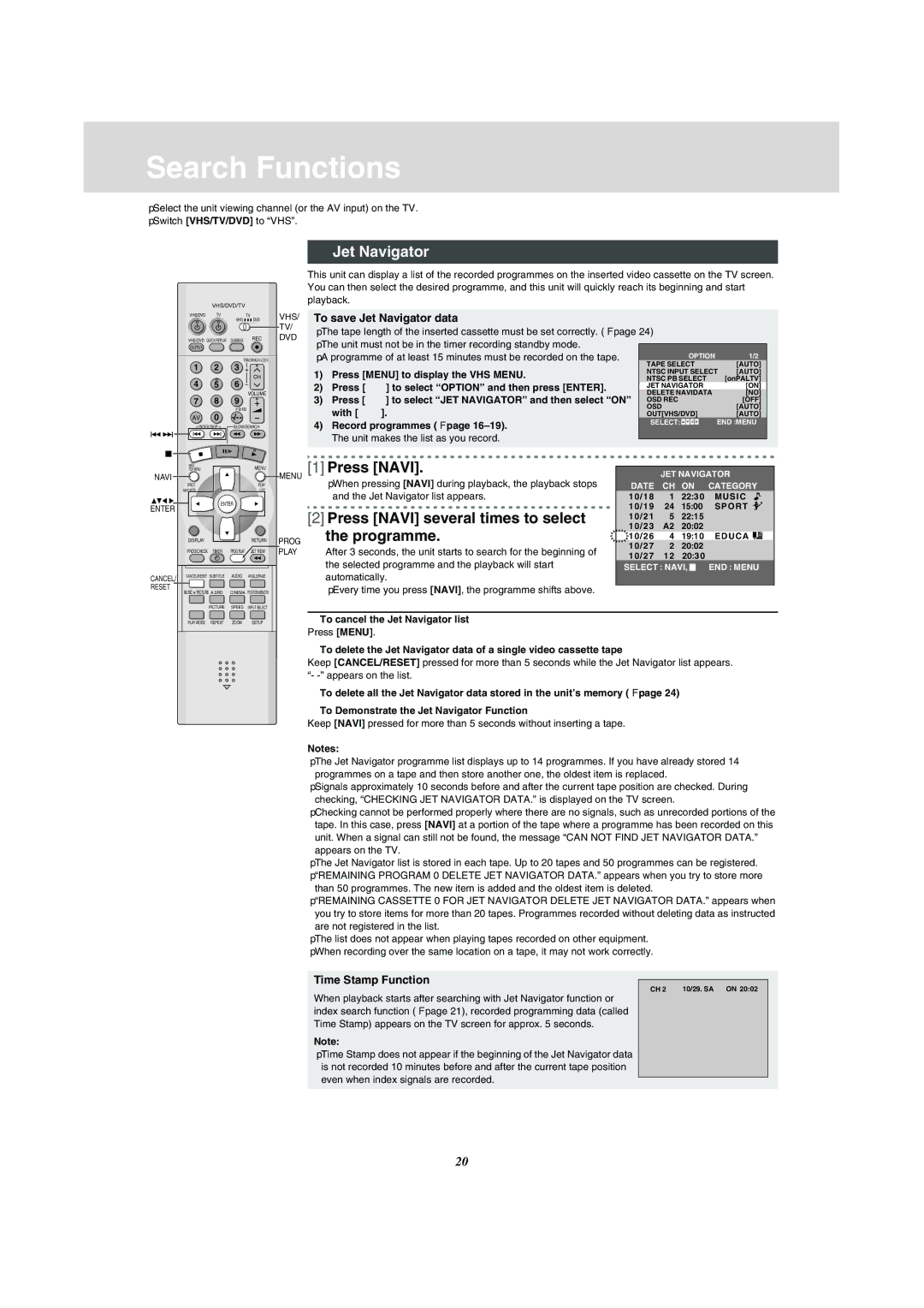 Panasonic NV-VP31 manual Search Functions, Jet Navigator, Press Navi several times to select Programme 