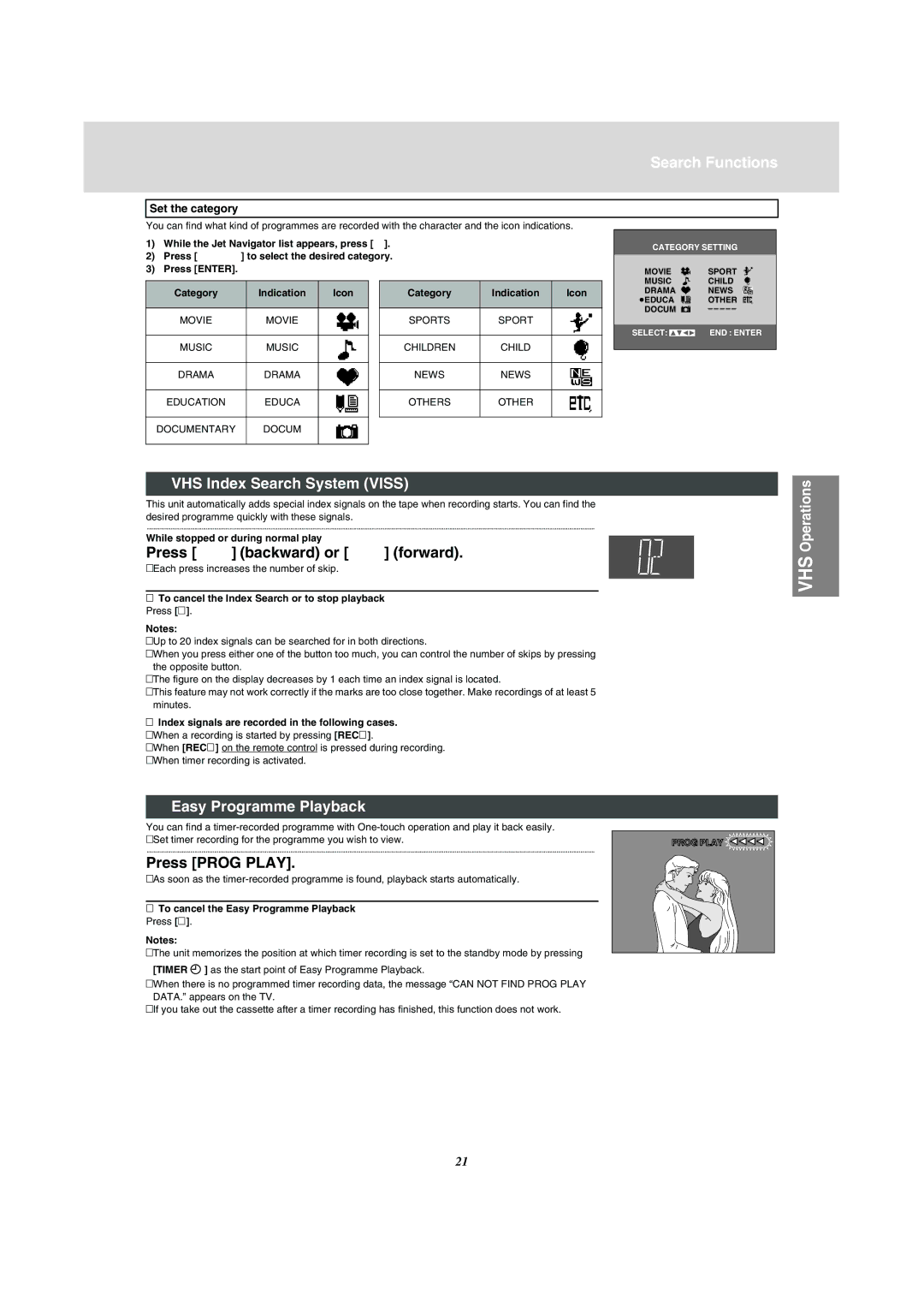 Panasonic NV-VP31 Search Functions, VHS Index Search System Viss, Press backward or 9 forward, Easy Programme Playback 