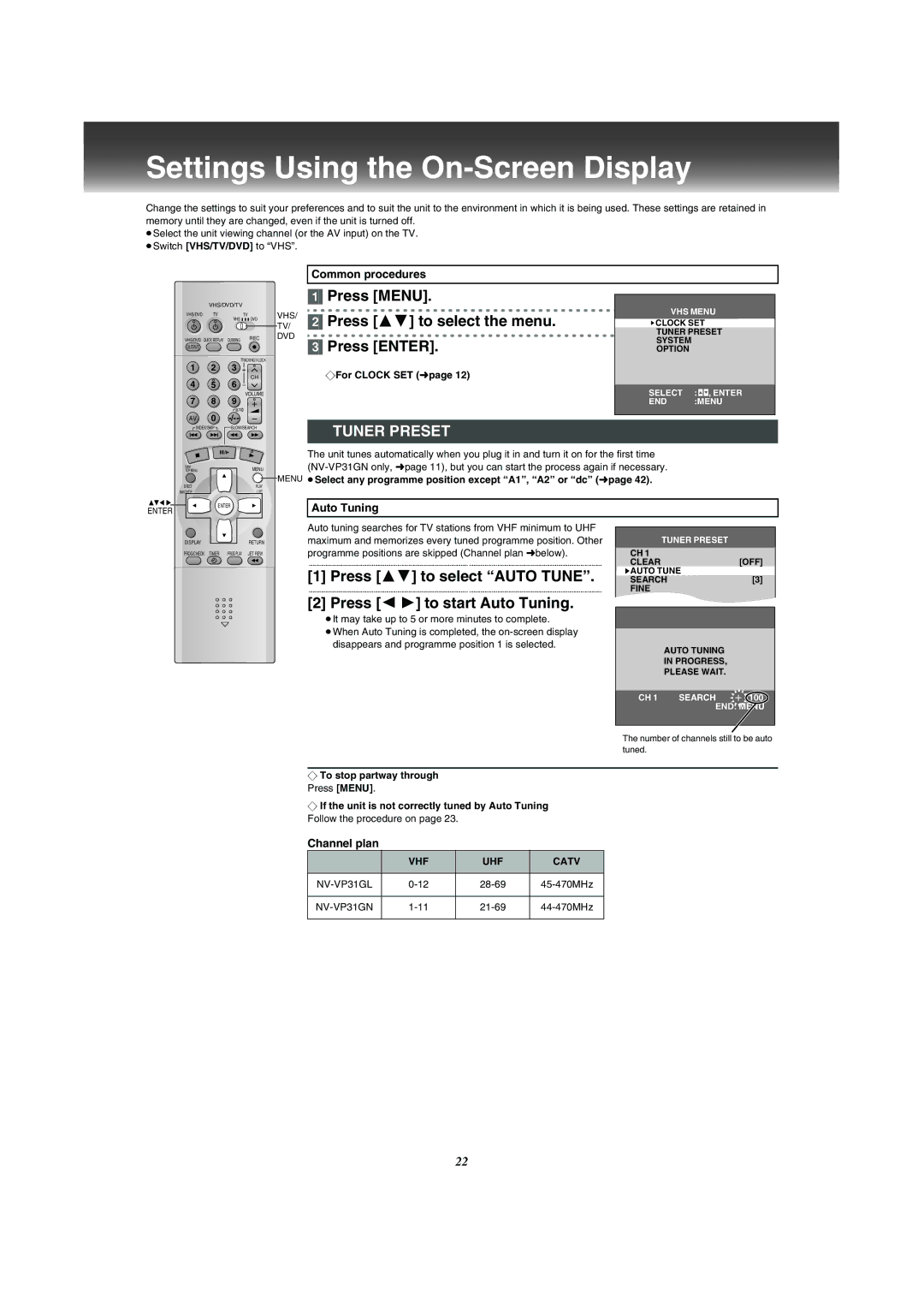 Panasonic NV-VP31 manual Settings Using the On-Screen Display, Tuner Preset, Auto Tuning, Channel plan 