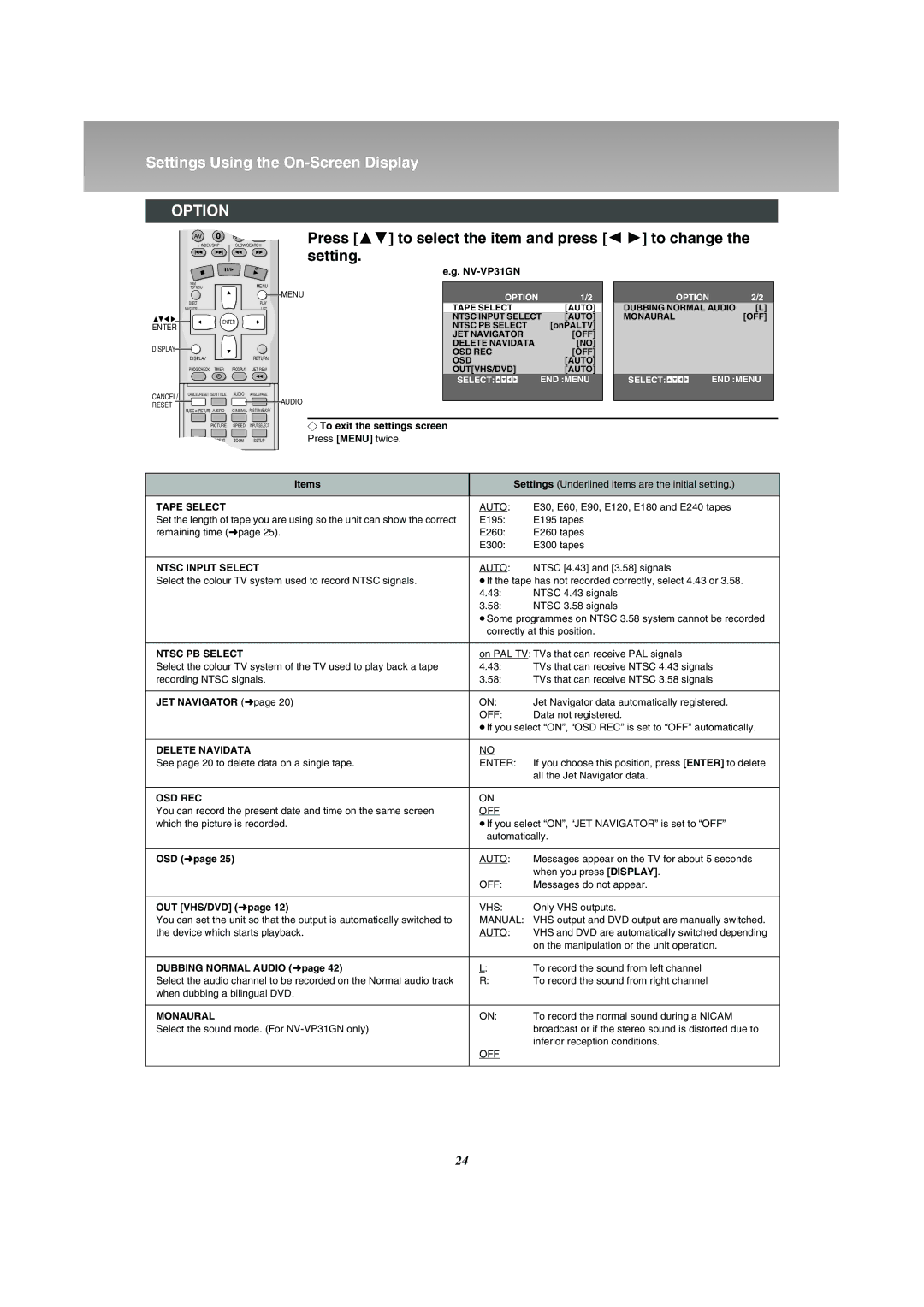 Panasonic NV-VP31 manual Option 