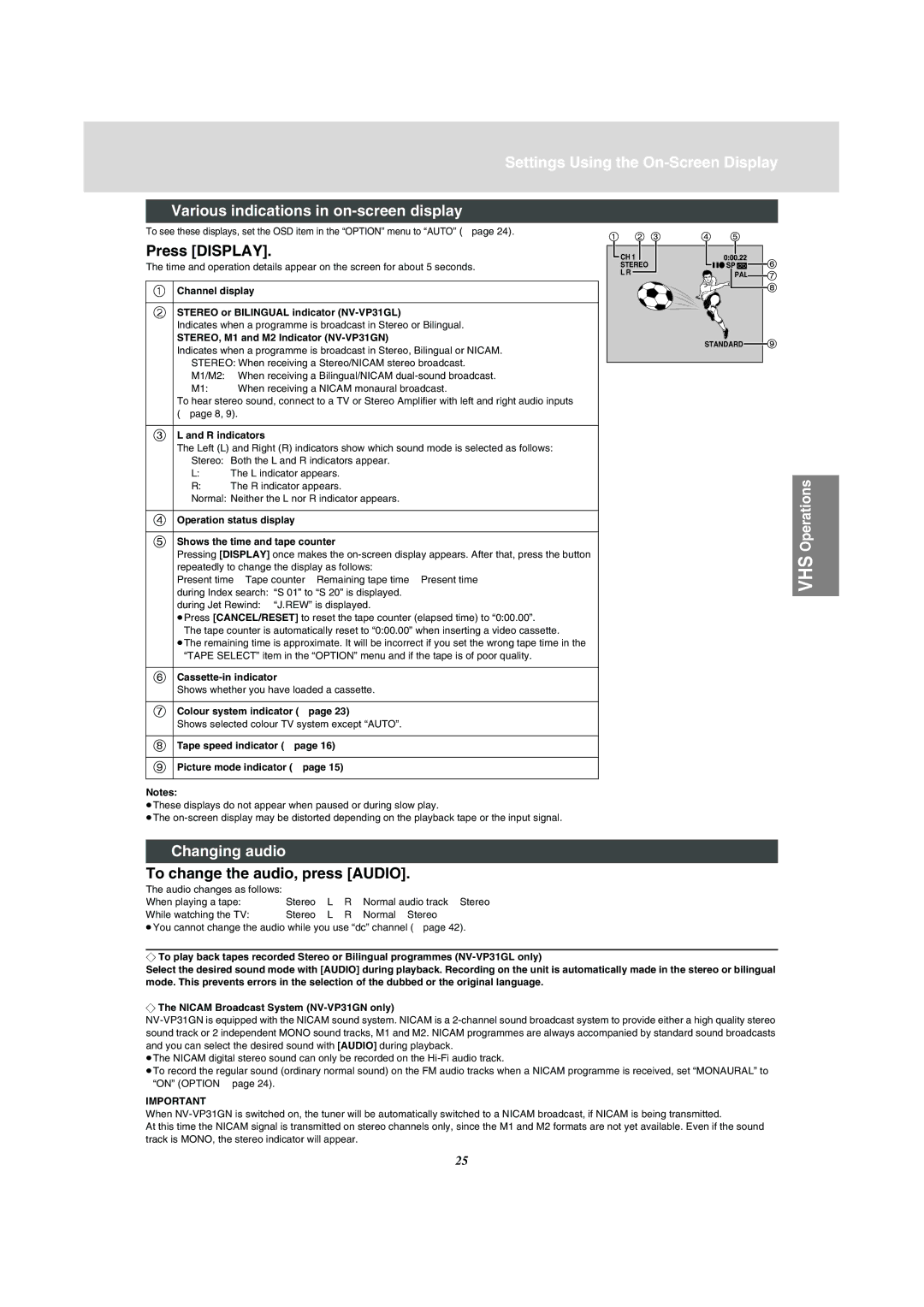 Panasonic NV-VP31 manual Press Display, Changing audio, To change the audio, press Audio 