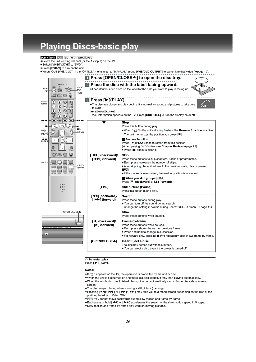 Panasonic NV-VP31 manual Playing Discs-basic play, Press OPEN/CLOSE to open the disc tray 