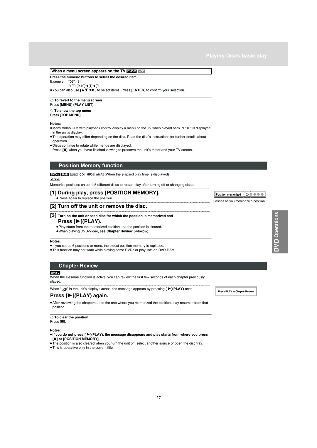 Panasonic NV-VP31 manual Playing Discs-basic play, Position Memory function, Chapter Review 