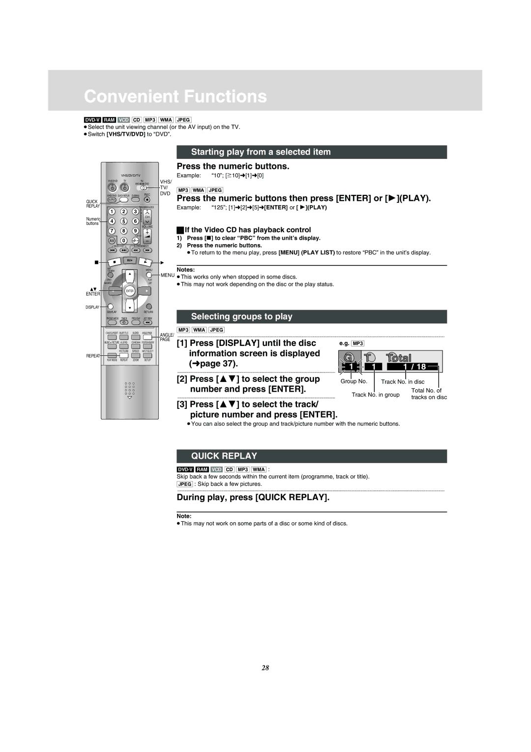 Panasonic NV-VP31 manual Convenient Functions, Starting play from a selected item, Selecting groups to play, Quick Replay 