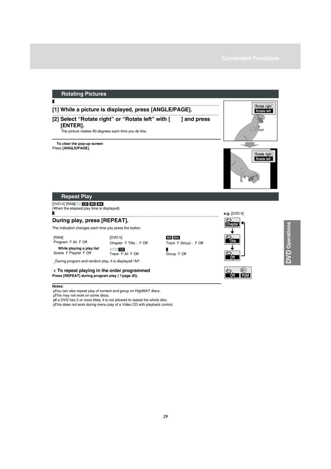 Panasonic NV-VP31 manual Convenient Functions Rotating Pictures, Repeat Play, During play, press Repeat 