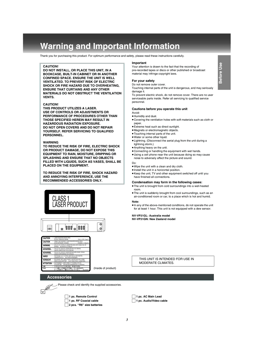 Panasonic NV-VP31 Accessories, For your safety, Condensation may form in the following cases, ∏ 2 pcs. R6 size batteries 