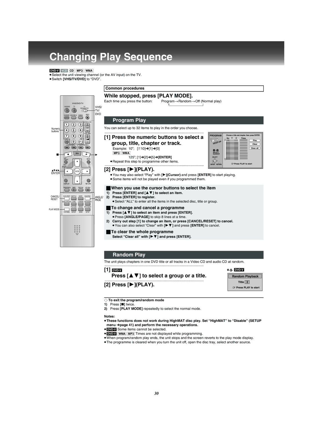 Panasonic NV-VP31 manual Changing Play Sequence, Program Play, Random Play 