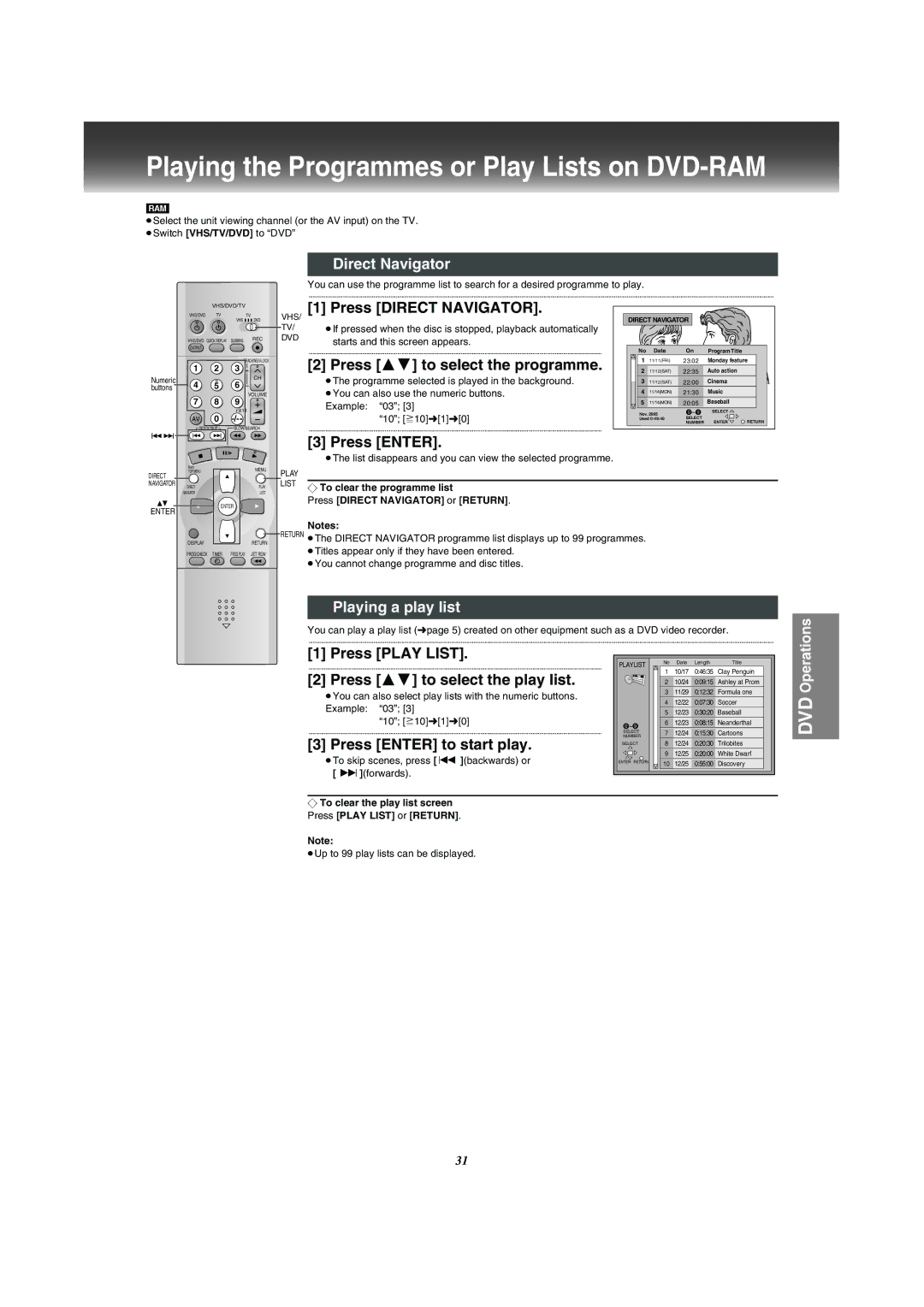 Panasonic NV-VP31 manual Direct Navigator, Playing a play list 