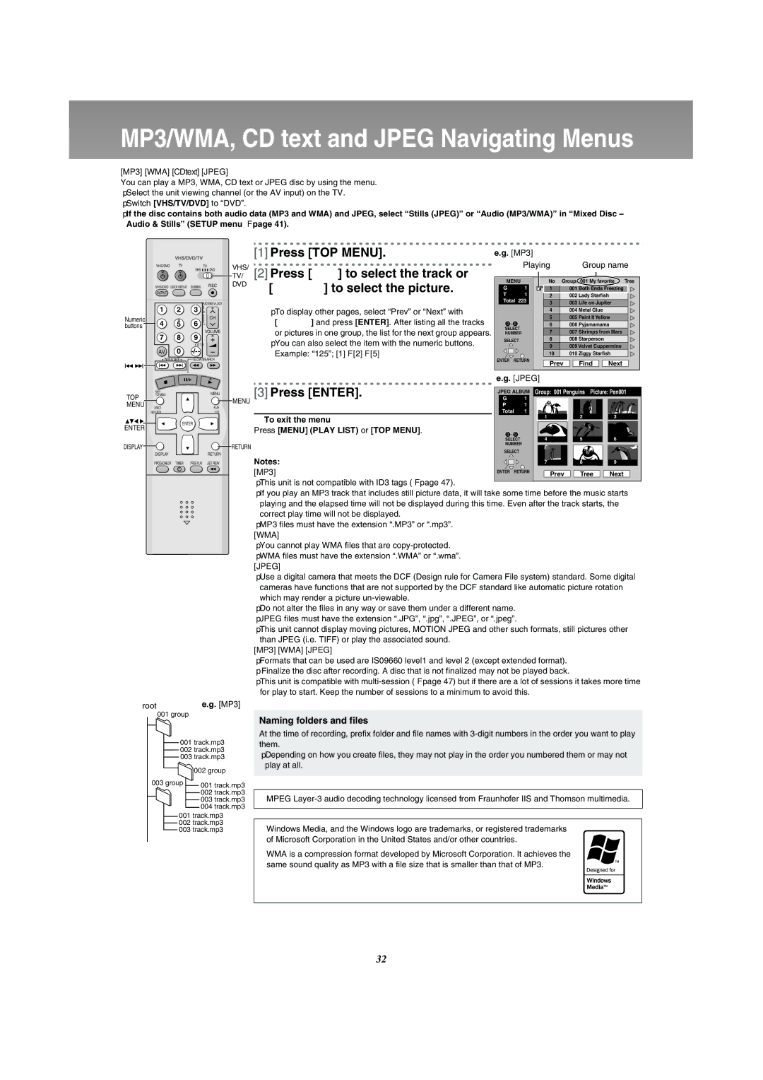 Panasonic NV-VP31 manual MP3/WMA, CD text and Jpeg Navigating Menus, Press TOP Menu, Press 34 to select the track or 