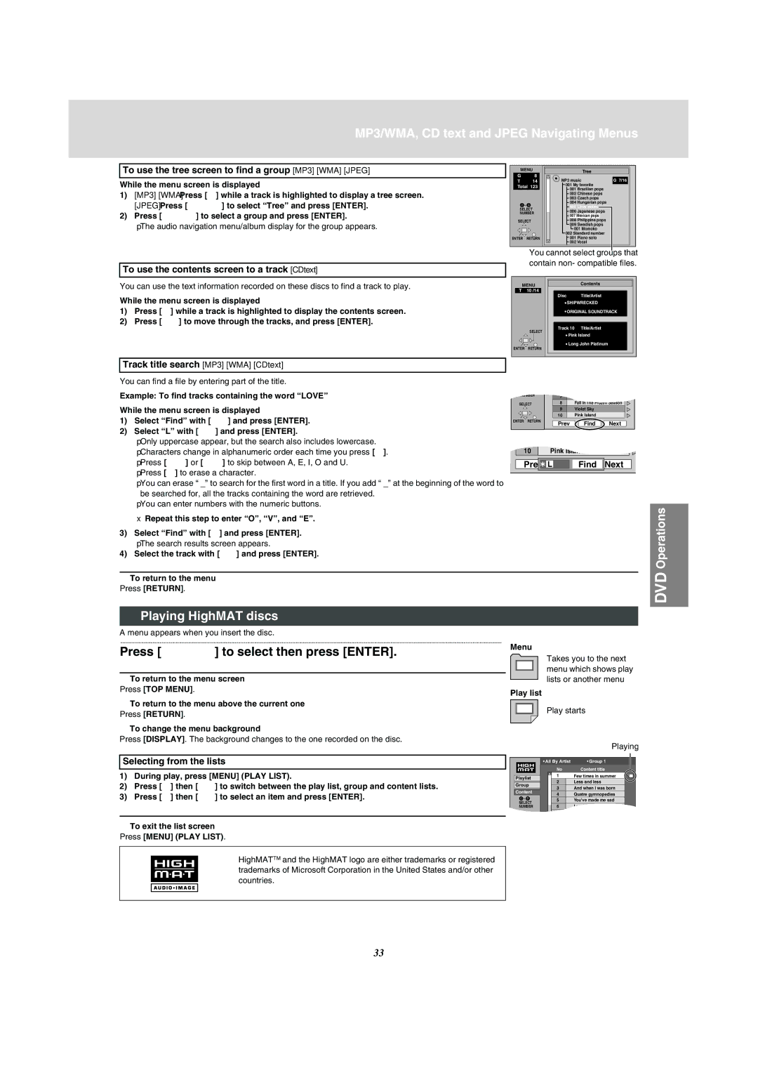 Panasonic NV-VP31 manual MP3/WMA, CD text and Jpeg Navigating Menus, Playing HighMAT discs 