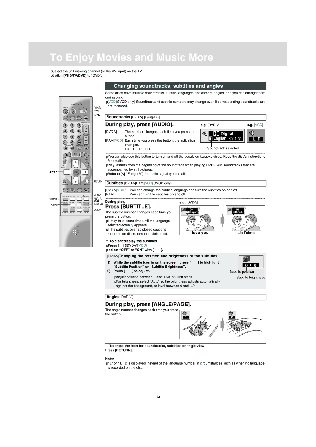 Panasonic NV-VP31 To Enjoy Movies and Music More, Changing soundtracks, subtitles and angles, During play, press Audio 