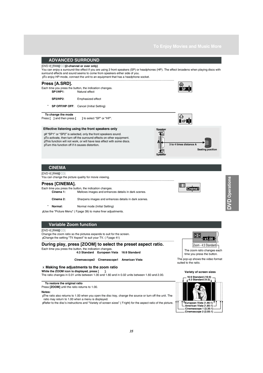 Panasonic NV-VP31 manual To Enjoy Movies and Music More, Advanced Surround, Cinema, Variable Zoom function 