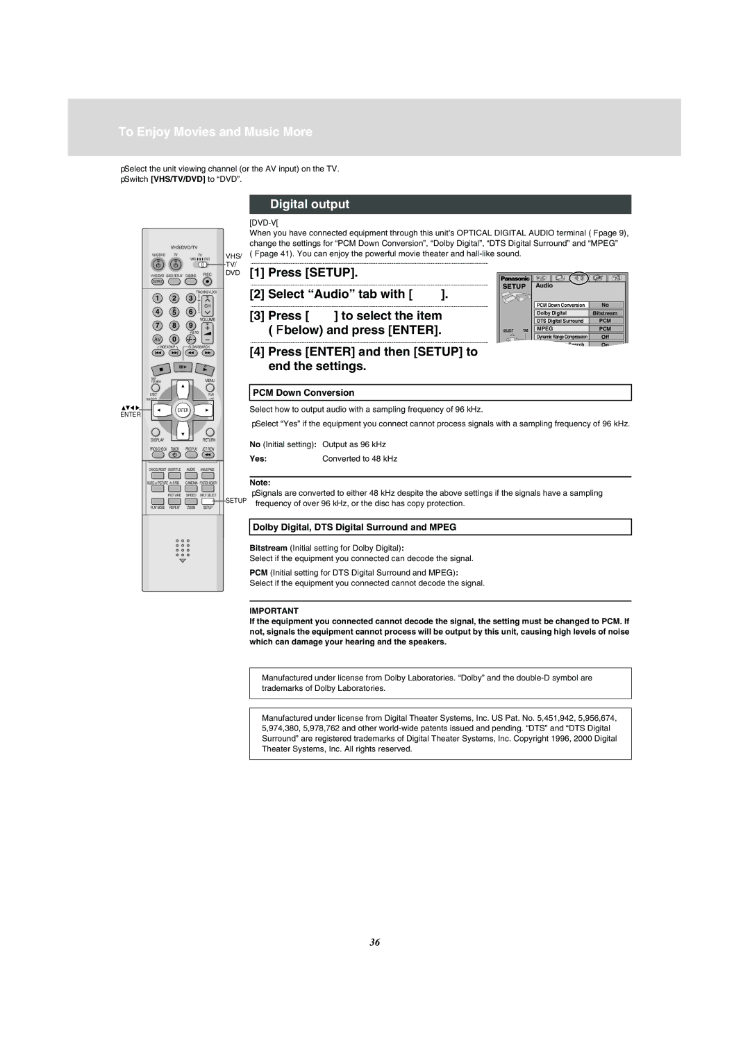 Panasonic NV-VP31 manual Digital output, Press Setup, Select Audio tab with 2, Lbelow and press Enter 