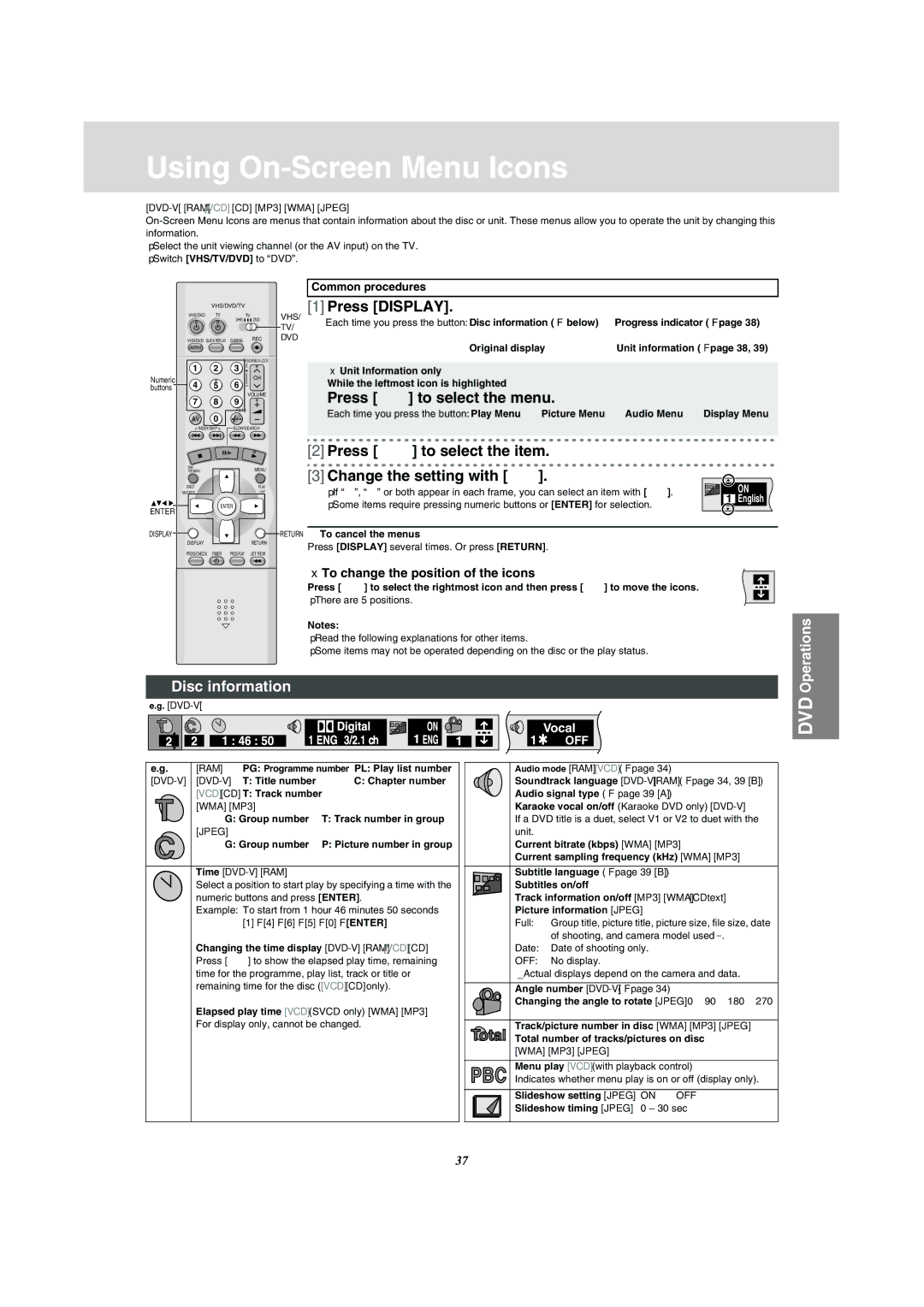 Panasonic NV-VP31 manual Using On-Screen Menu Icons, Press 2 1 to select the item Change the setting with, Disc information 