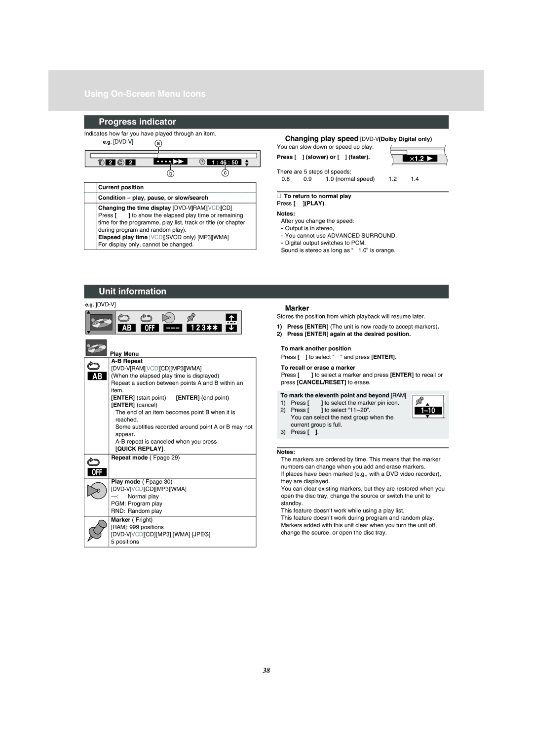 Panasonic NV-VP31 manual Using On-Screen Menu Icons Progress indicator, Unit information, Marker 