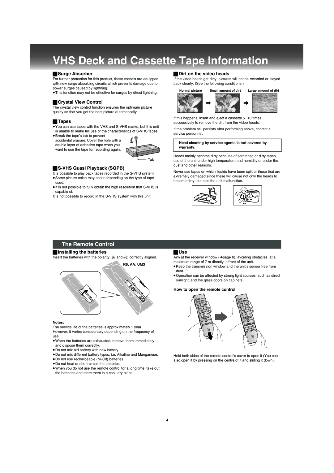 Panasonic NV-VP31 manual VHS Deck and Cassette Tape Information, Remote Control 