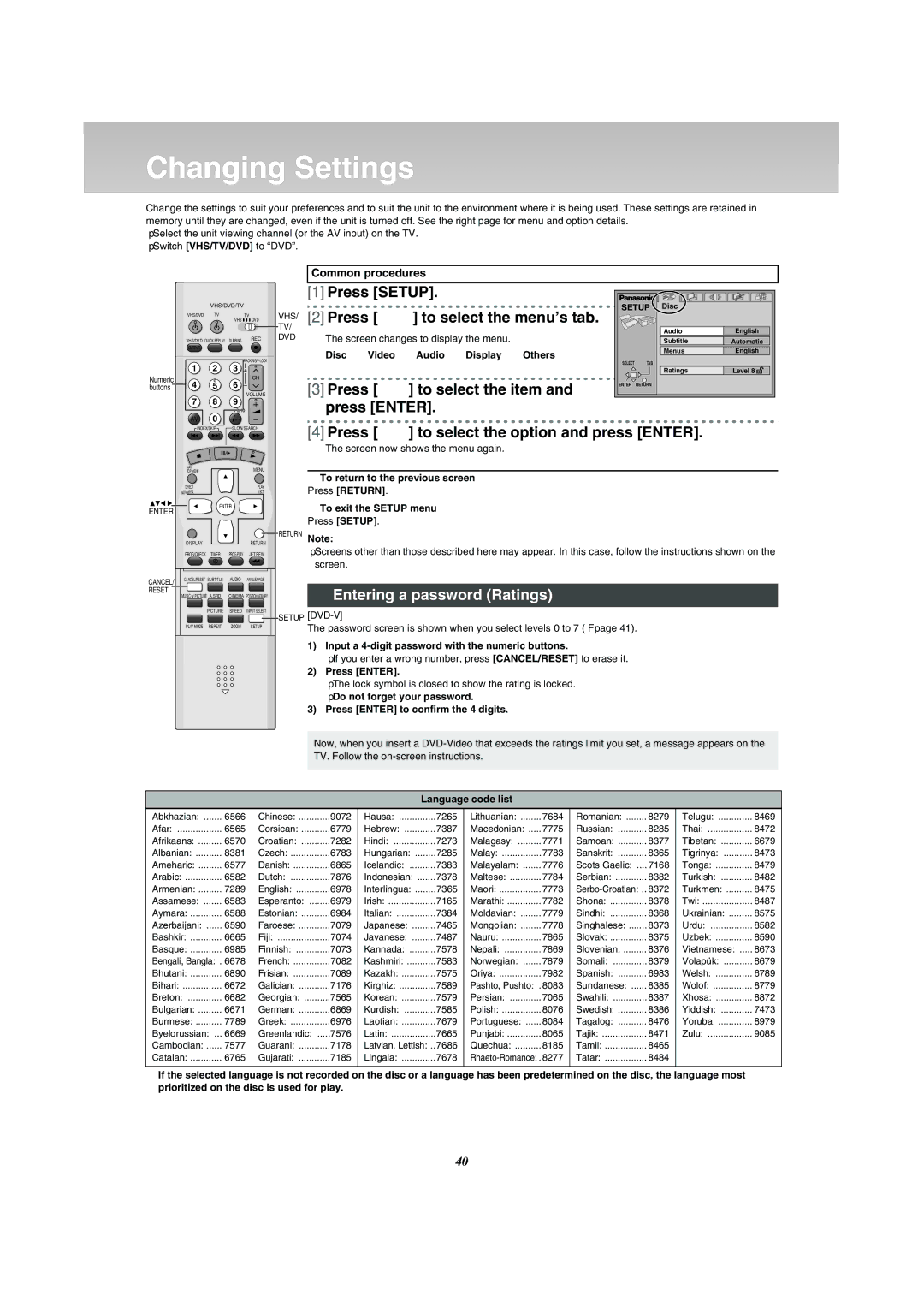 Panasonic NV-VP31 manual Changing Settings, Press 2 1 to select the menu’s tab, Press 34 to select the item 