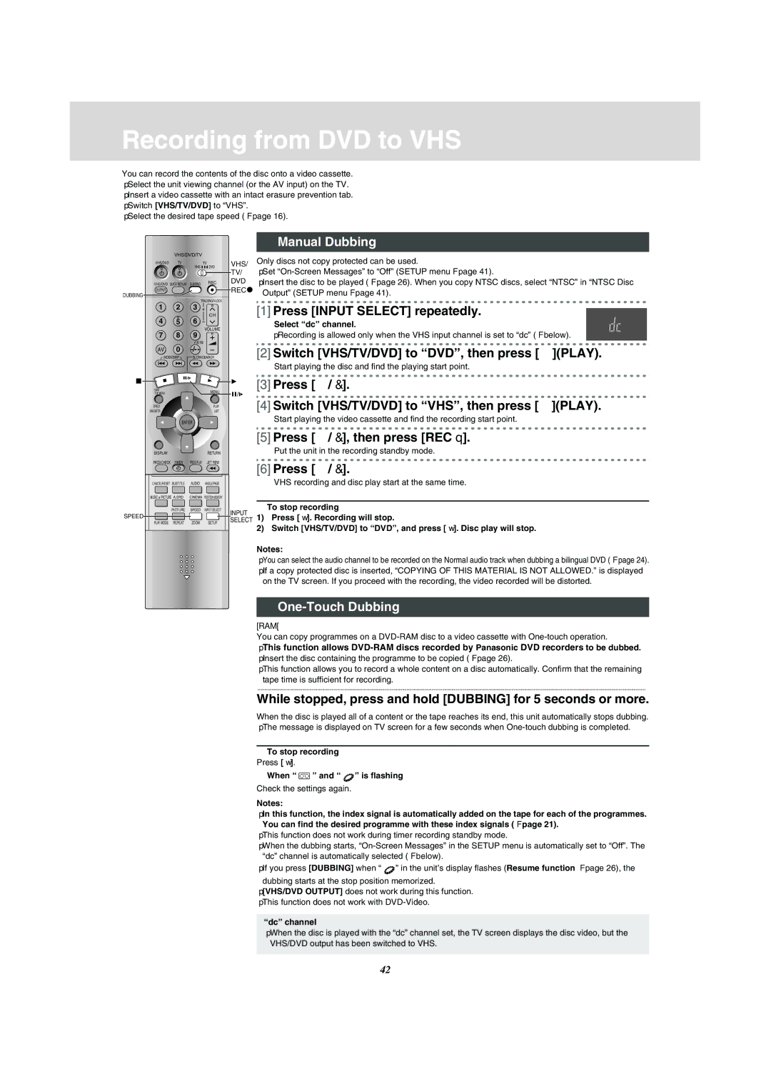 Panasonic NV-VP31 manual Recording from DVD to VHS, Manual Dubbing, One-Touch Dubbing 