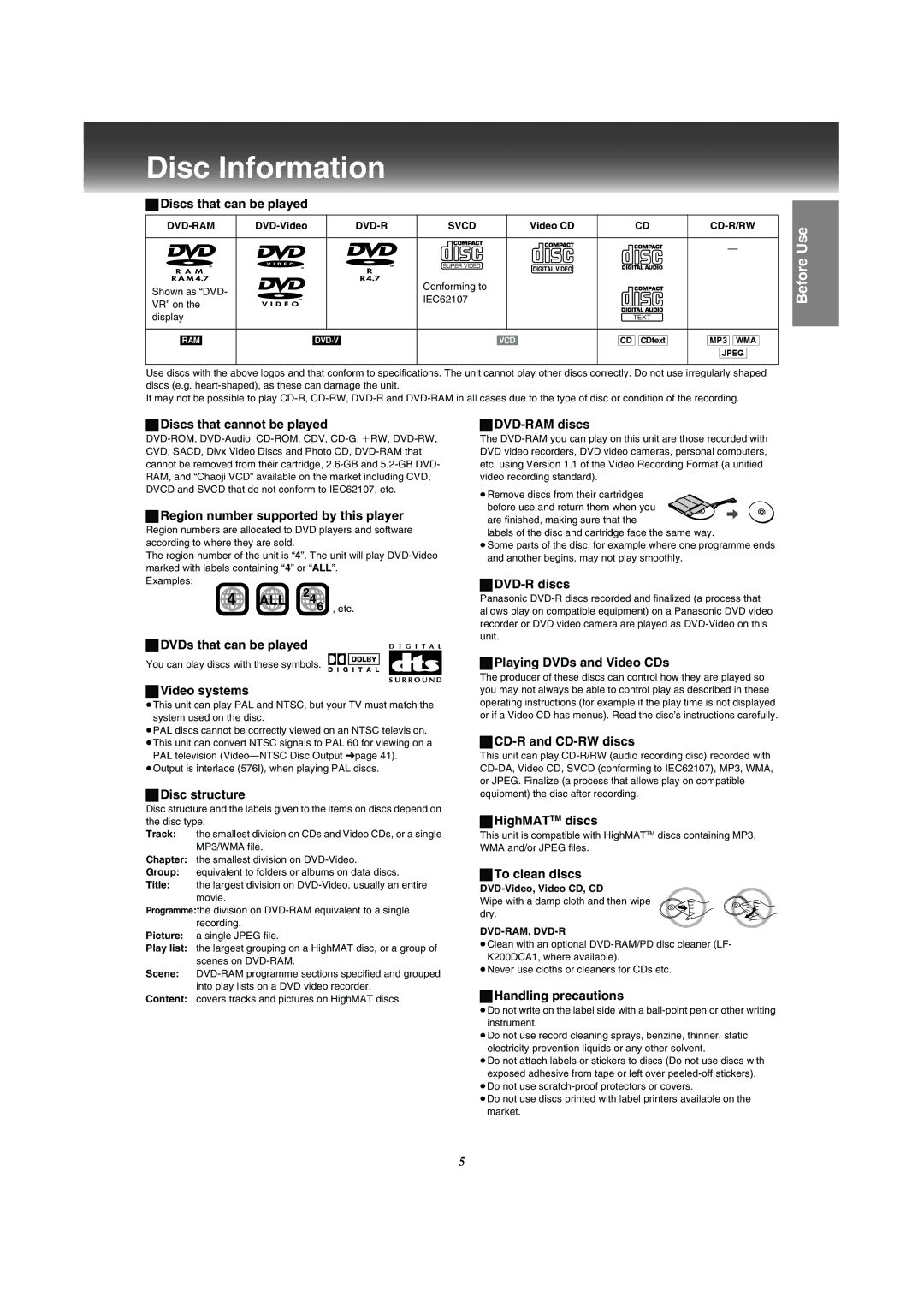 Panasonic NV-VP31 manual Disc Information 