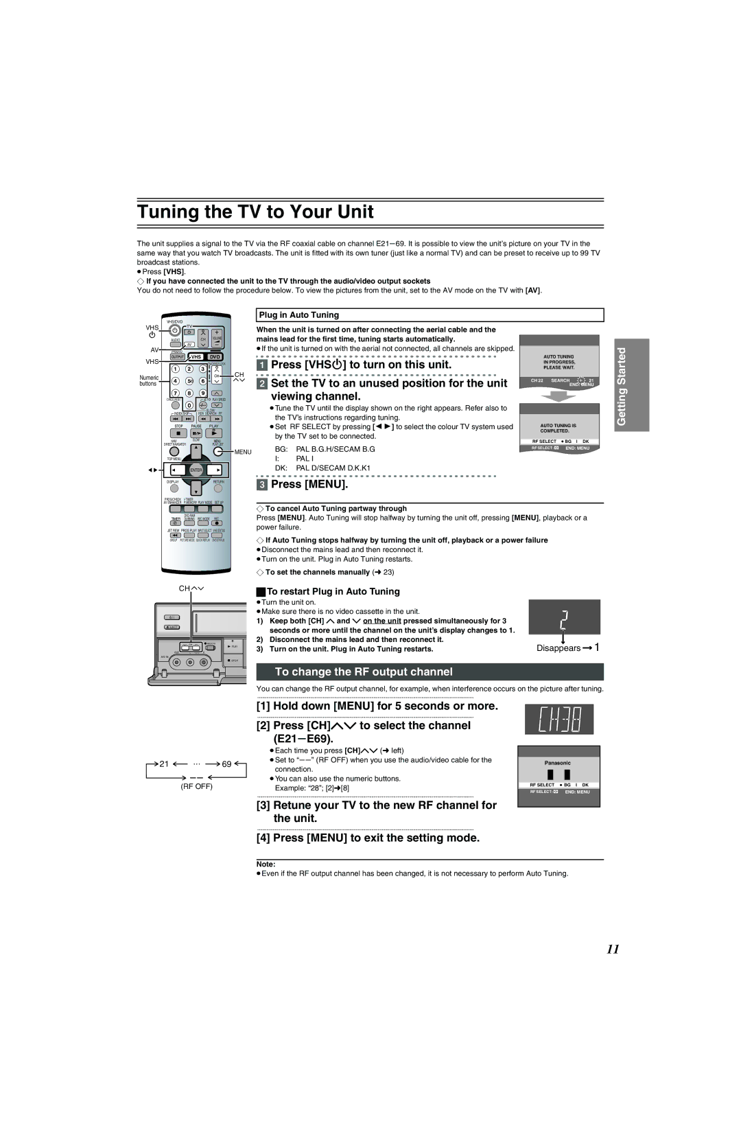 Panasonic NV-VP32 Series manual Tuning the TV to Your Unit, To change the RF output channel 