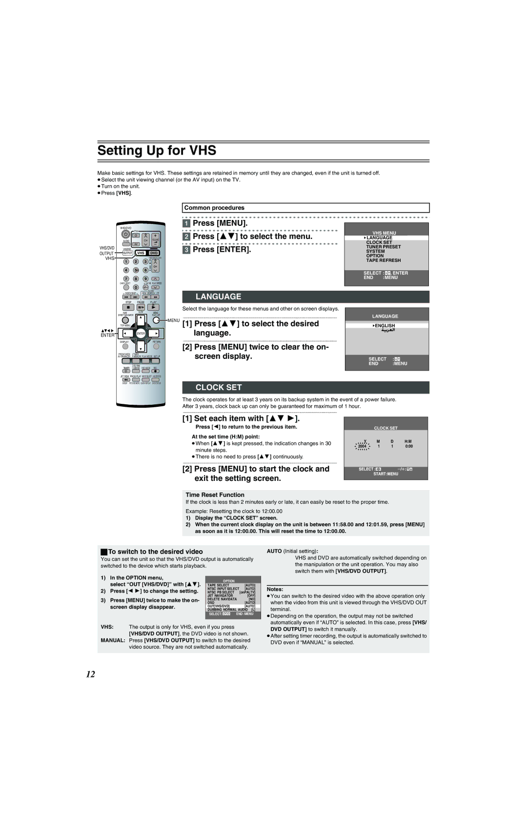 Panasonic NV-VP32 Series manual Setting Up for VHS, Press Menu Press 34 to select the menu Press Enter, Language, Clock SET 