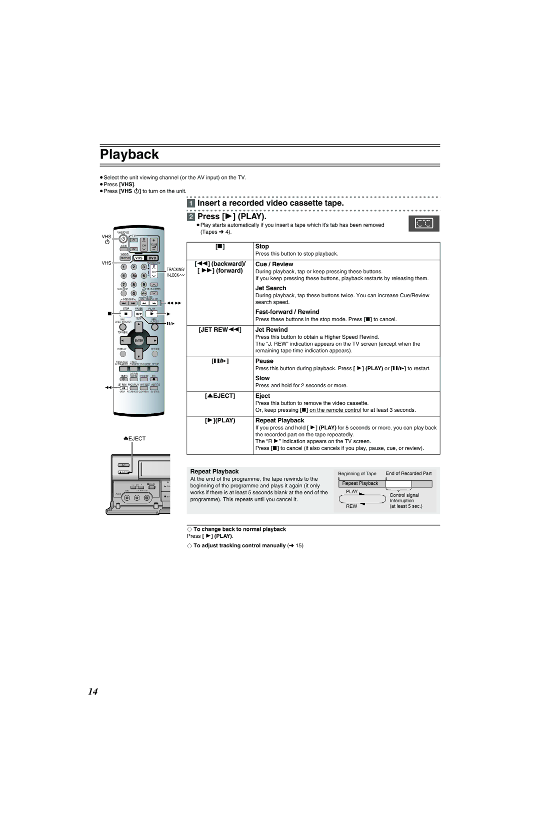 Panasonic NV-VP32 Series manual Playback, Insert a recorded video cassette tape Press 1 Play 