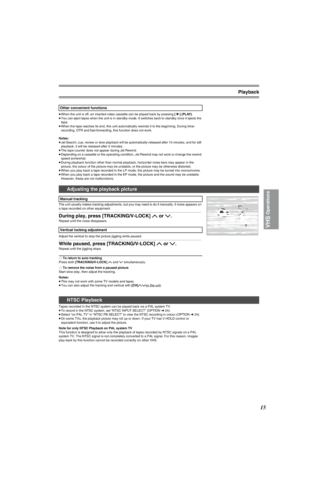 Panasonic NV-VP32 Series manual Adjusting the playback picture, During play, press TRACKING/V-LOCK or, Ntsc Playback 