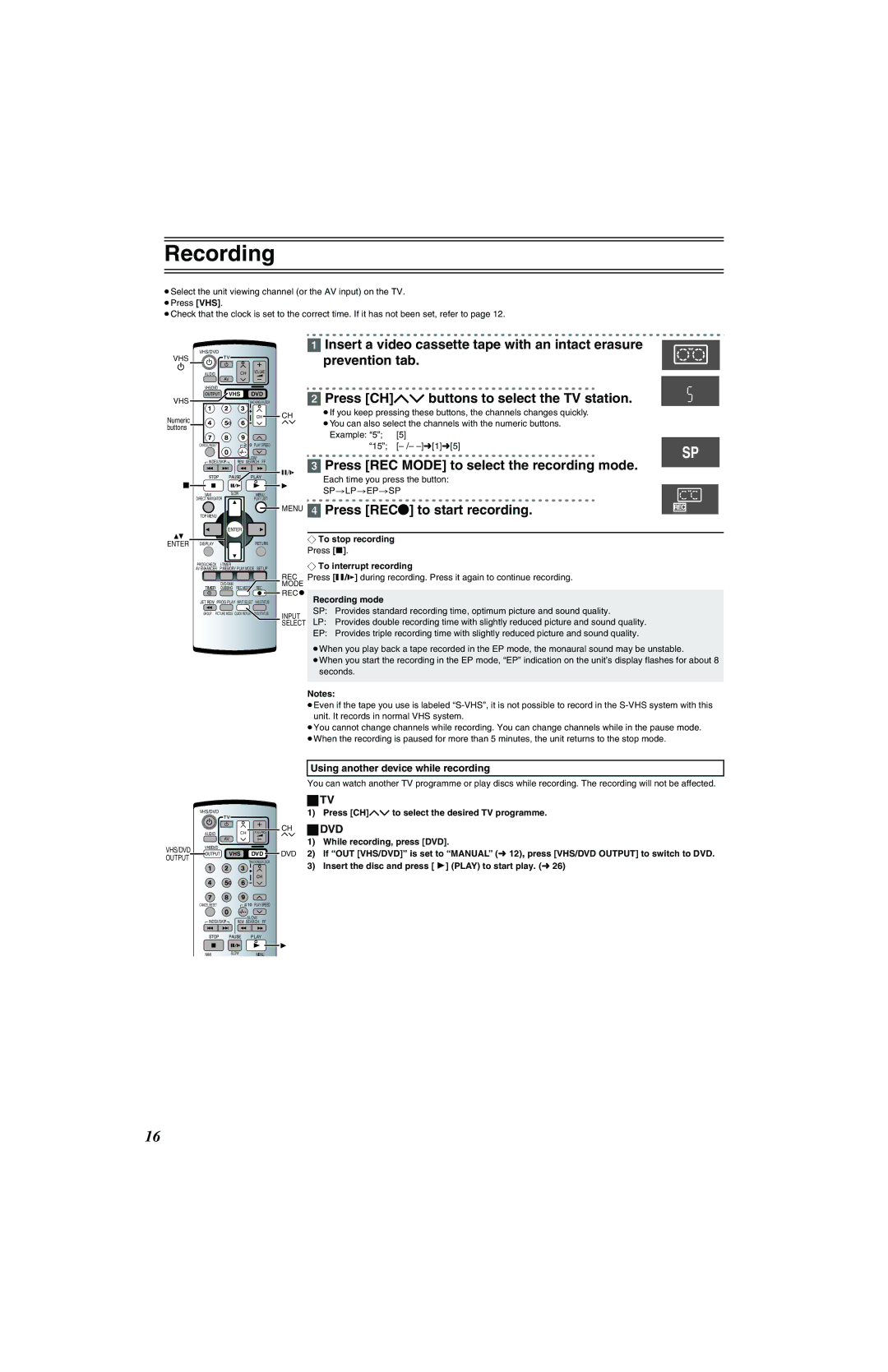 Panasonic NV-VP32 Series Recording, Press Chji buttons to select the TV station, Menu 4 Press REC¥ to start recording 