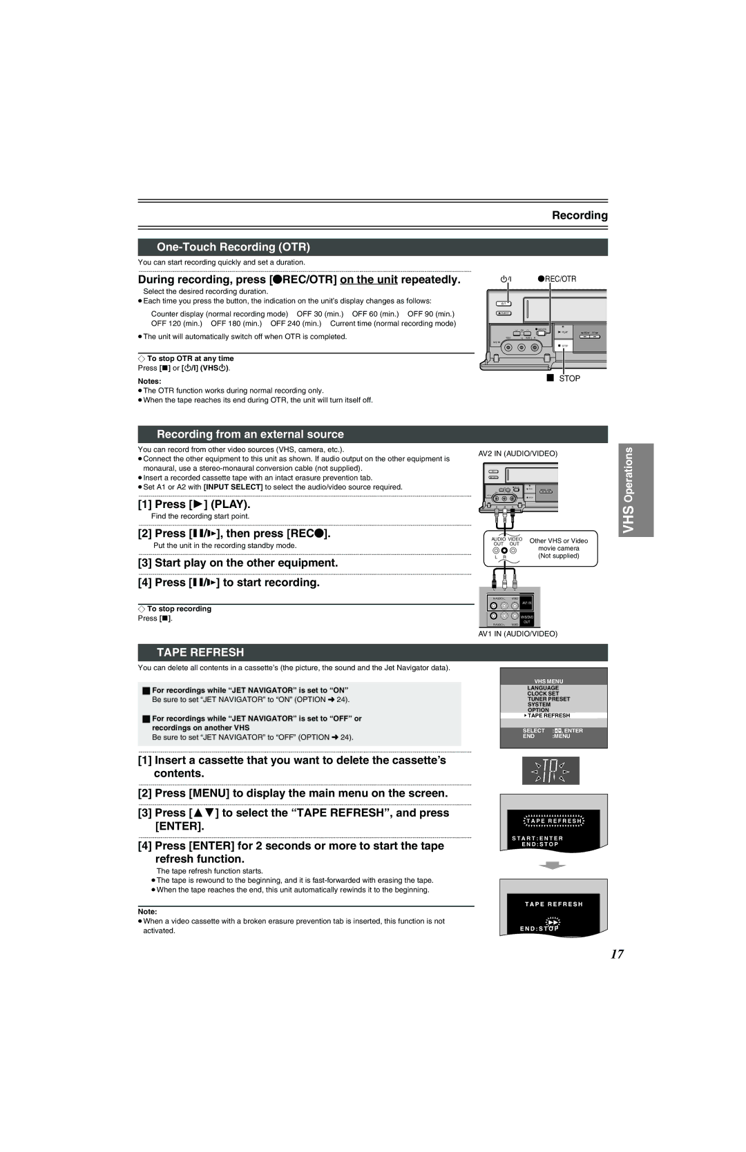 Panasonic NV-VP32 Series manual One-Touch Recording OTR, Recording from an external source, Tape Refresh 