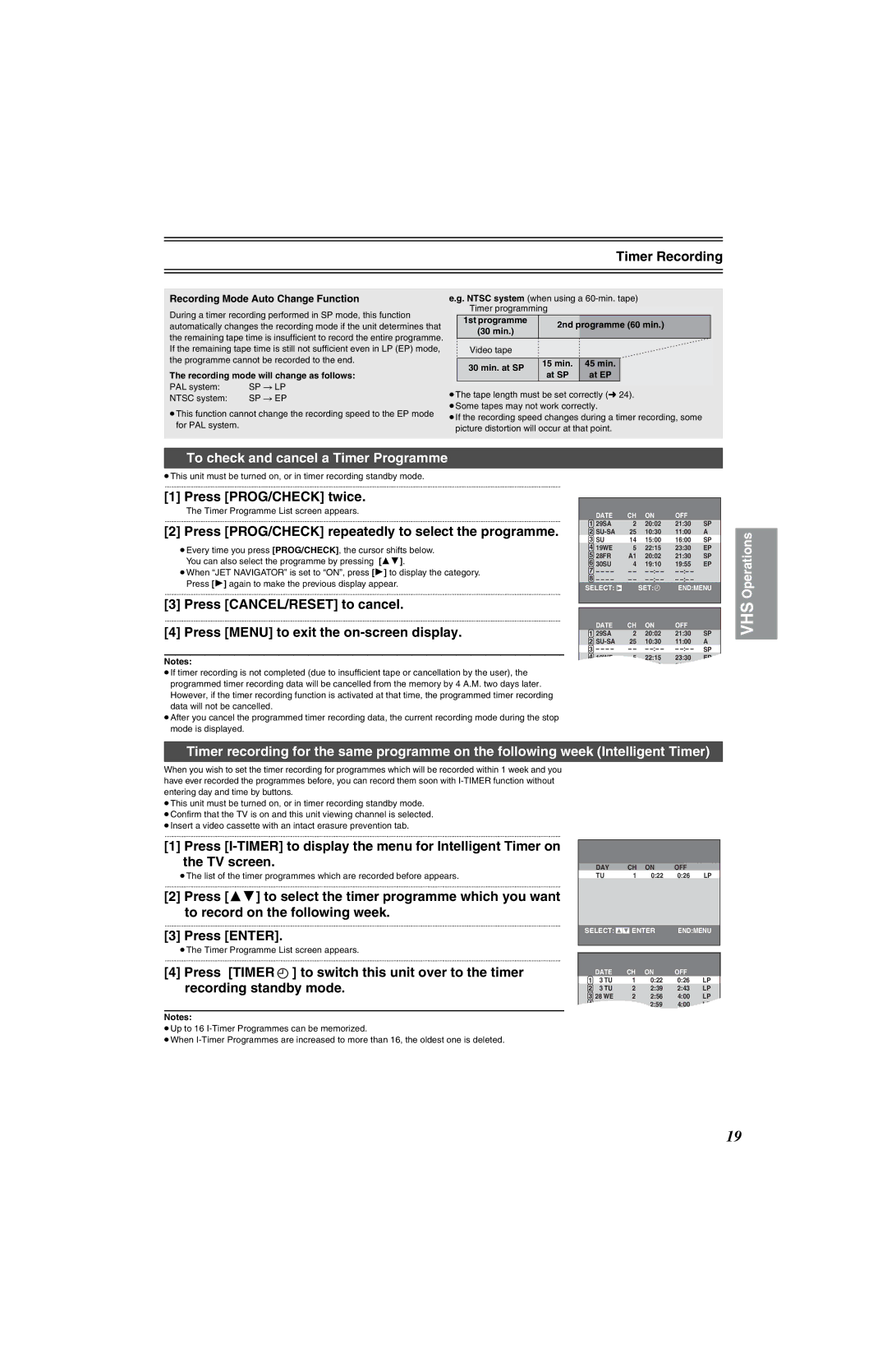 Panasonic NV-VP32 Series manual Timer Recording, To check and cancel a Timer Programme, Press PROG/CHECK twice 