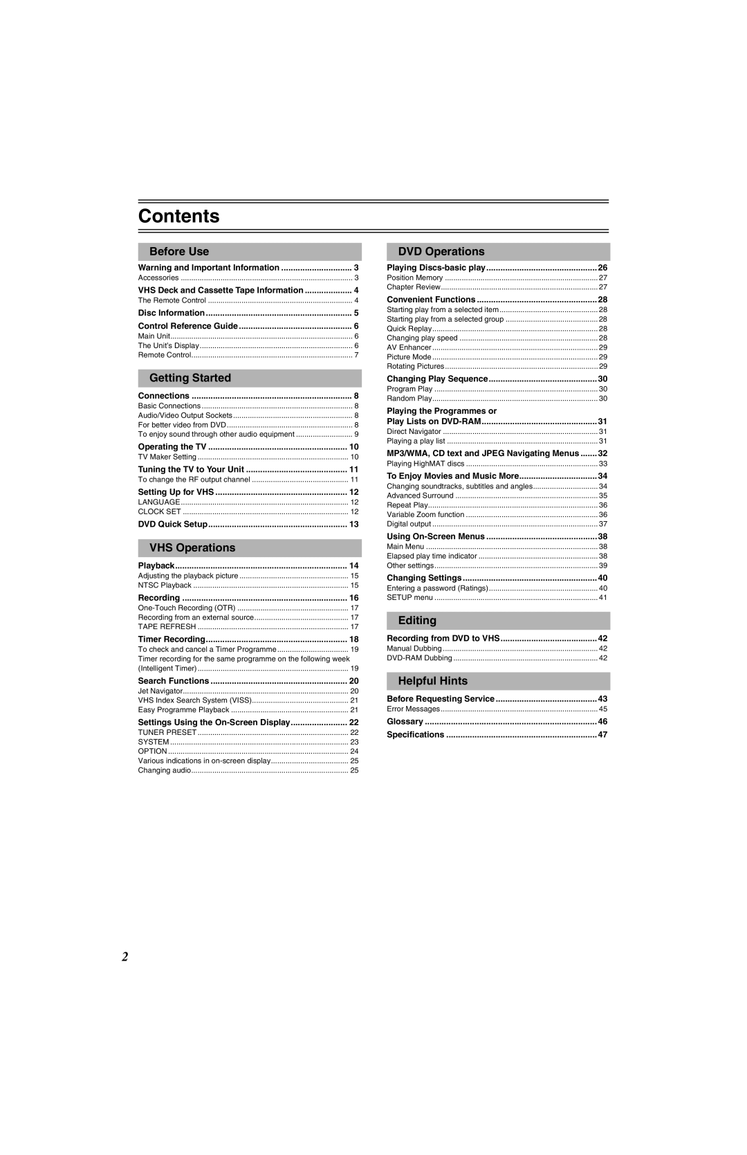 Panasonic NV-VP32 Series manual Contents 