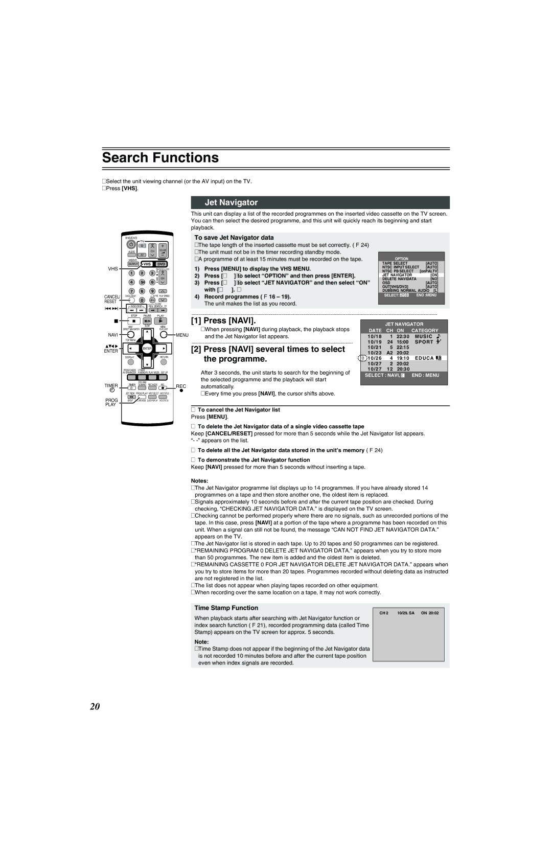 Panasonic NV-VP32 Series manual Search Functions, Jet Navigator, Press Navi, Programme 