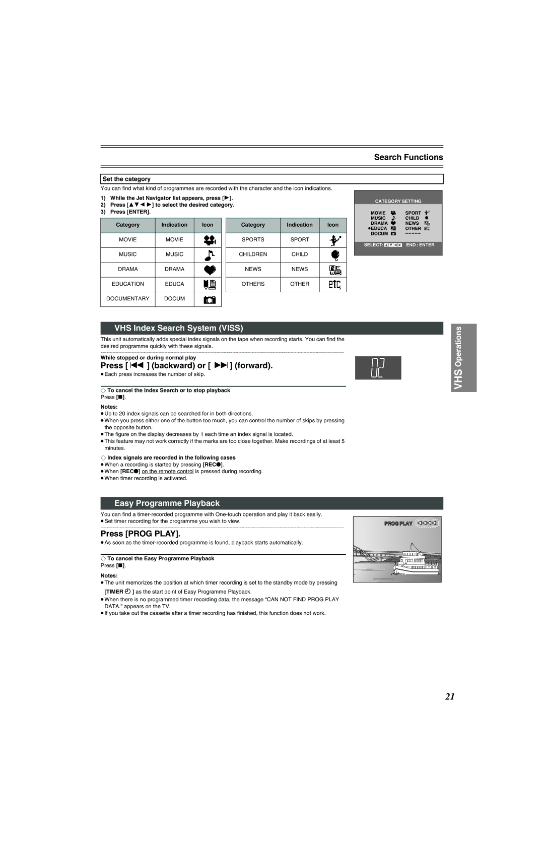 Panasonic NV-VP32 Series Search Functions, VHS Index Search System Viss, Press backward or 9 forward, Press Prog Play 