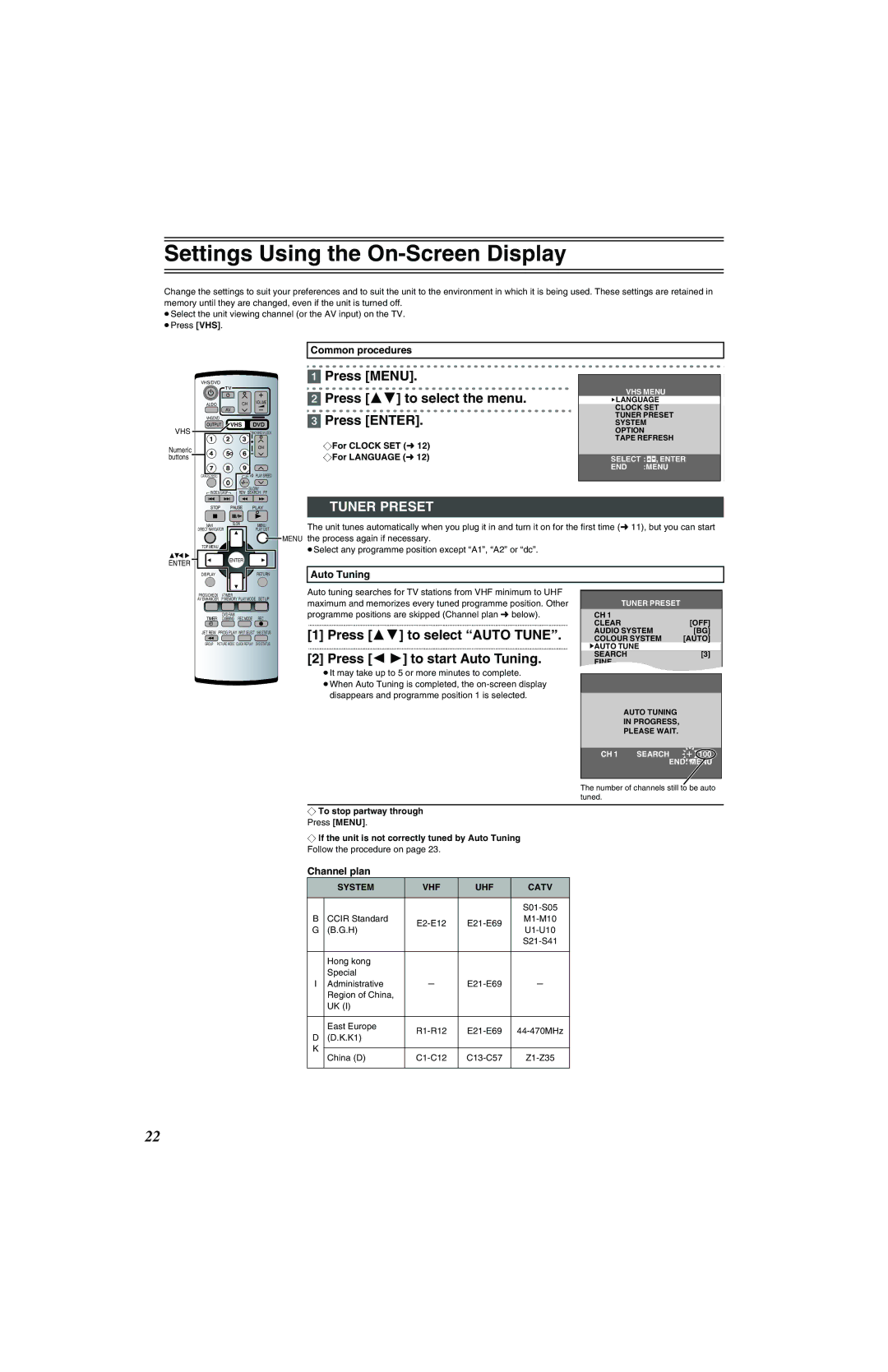 Panasonic NV-VP32 Series manual Settings Using the On-Screen Display, Tuner Preset, Auto Tuning, Channel plan 