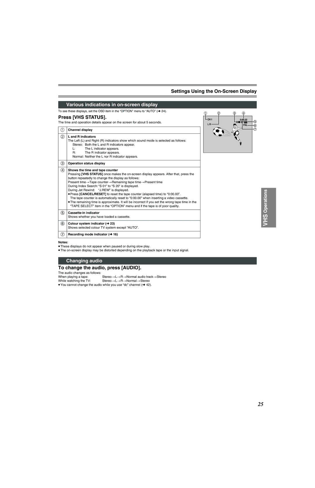 Panasonic NV-VP32 Series manual Various indications in on-screen display, Press VHS Status, Changing audio 