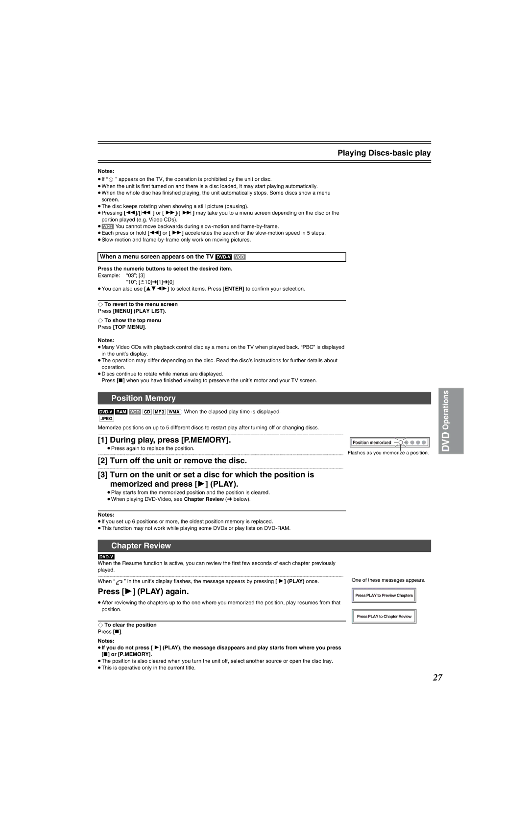 Panasonic NV-VP32 Series manual Playing Discs-basic play, Position Memory, During play, press P.MEMORY, Chapter Review 