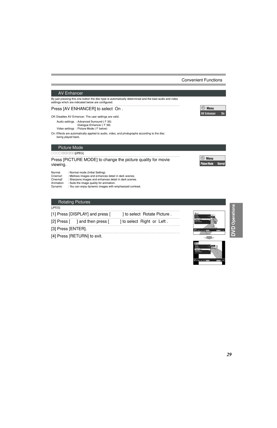 Panasonic NV-VP32 Series manual Convenient Functions, Press AV Enhancer to select On, Picture Mode, Rotating Pictures 