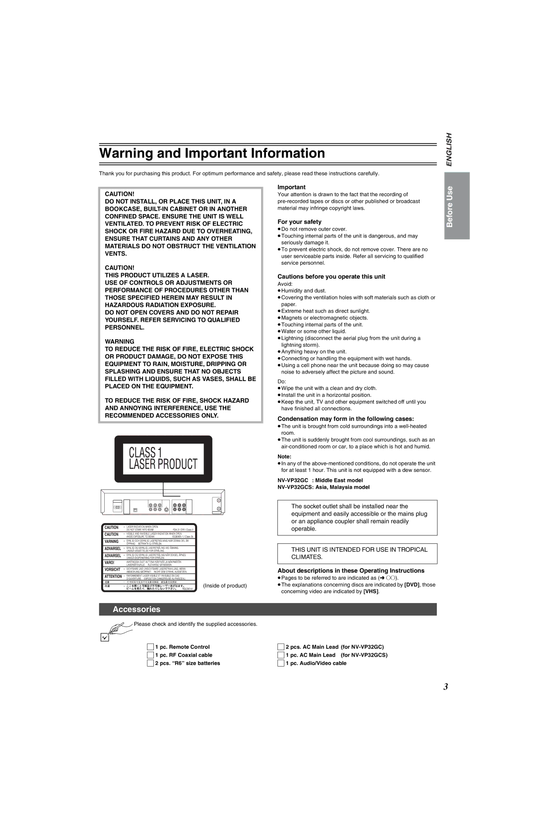 Panasonic NV-VP32 Series manual Accessories, For your safety, Condensation may form in the following cases 