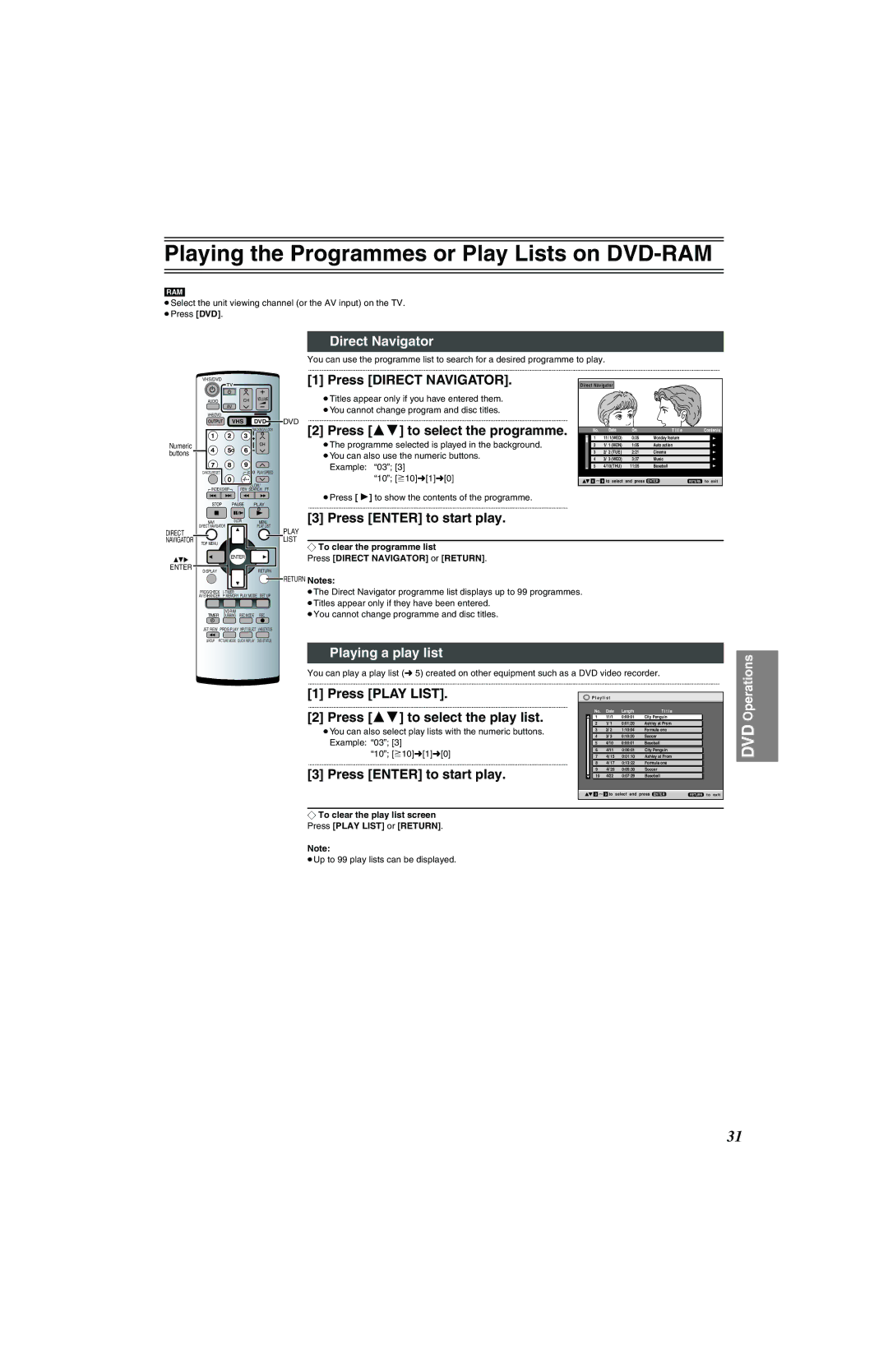 Panasonic NV-VP32 Series manual Playing the Programmes or Play Lists on DVD-RAM, Direct Navigator, Playing a play list 