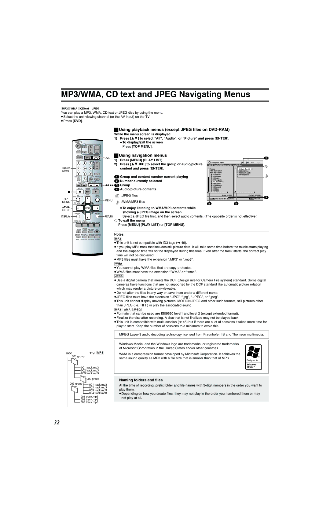 Panasonic NV-VP32 Series MP3/WMA, CD text and Jpeg Navigating Menus, Using playback menus except Jpeg files on DVD-RAM 