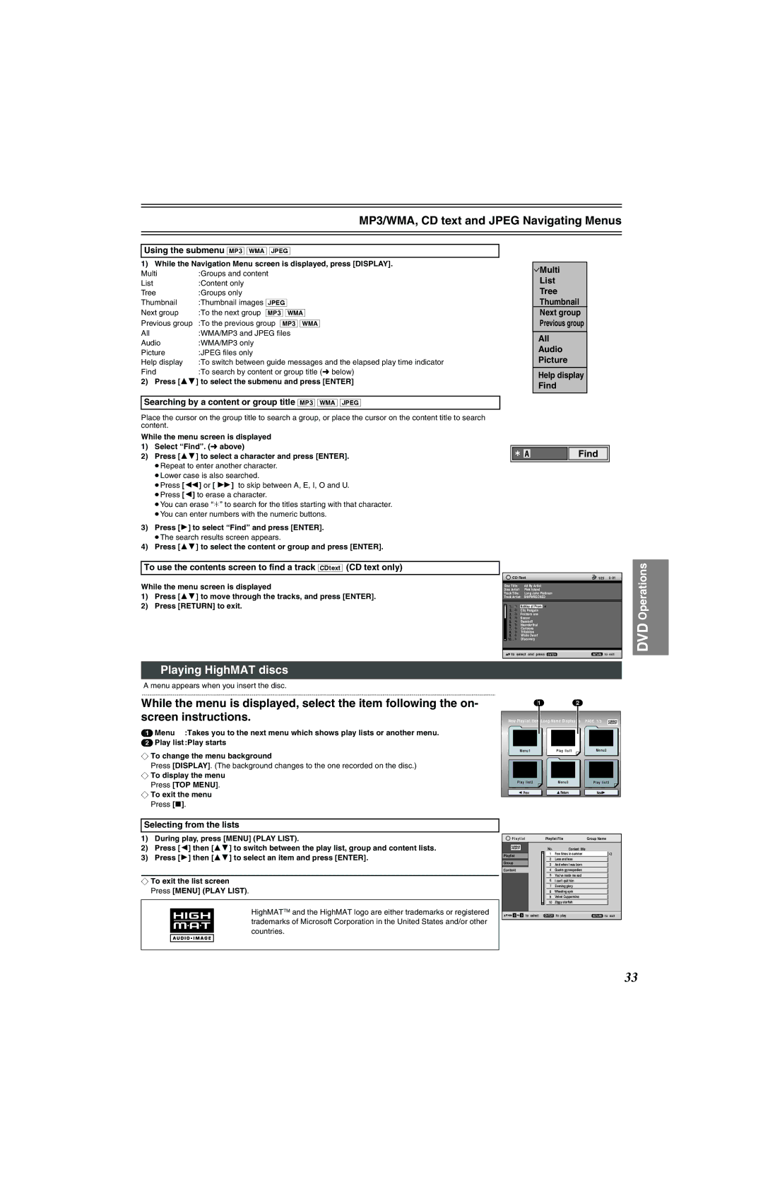 Panasonic NV-VP32 Series manual MP3/WMA, CD text and Jpeg Navigating Menus, Playing HighMAT discs, Find 