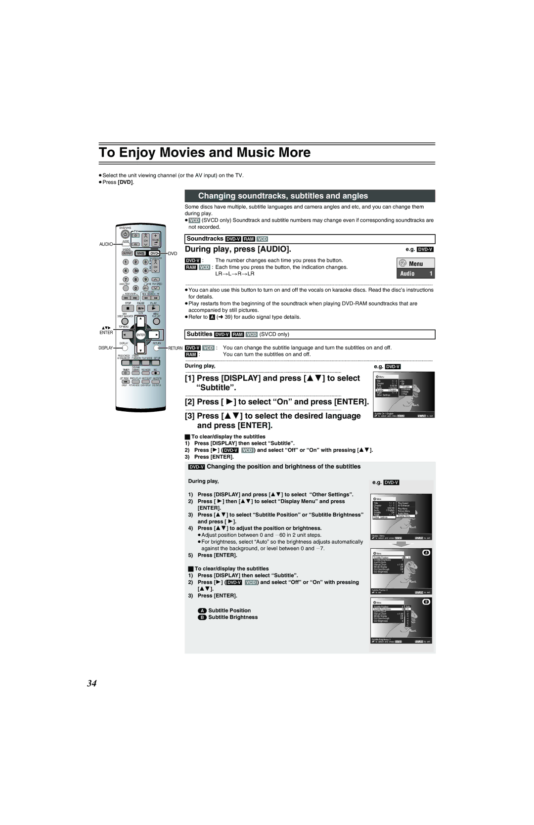 Panasonic NV-VP32 Series manual To Enjoy Movies and Music More, Changing soundtracks, subtitles and angles 