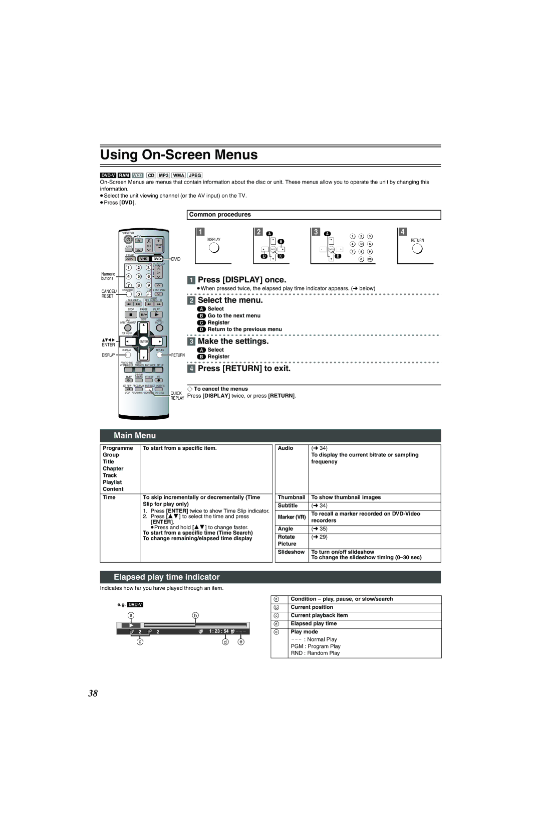 Panasonic NV-VP32 Series manual Using On-Screen Menus, Main Menu, Elapsed play time indicator 