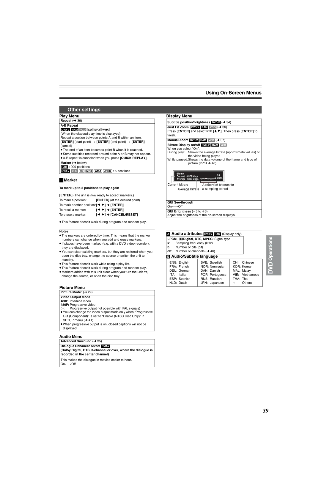 Panasonic NV-VP32 Series manual Using On-Screen Menus, Other settings 