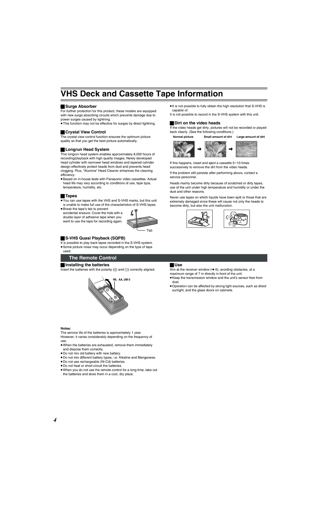 Panasonic NV-VP32 Series manual VHS Deck and Cassette Tape Information, Remote Control 